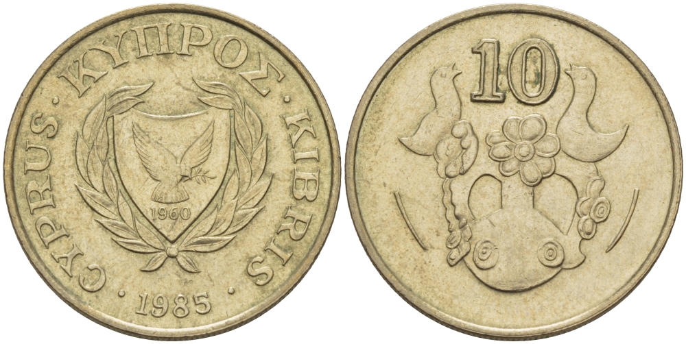 КИПР 10 ЦЕНТОВ 1985 ВАЗА С ПТИЧКАМИ KM 56.2 никель латунь 67-612
