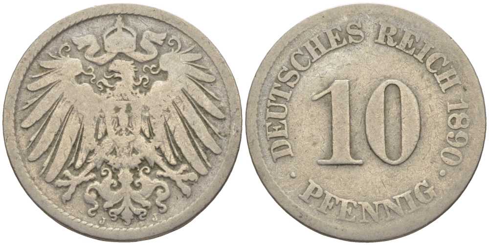 ГЕРМАНИЯ 10 ПФЕННИГОВ 1890 J KM 12, J. 13 медно-никель 4401-917