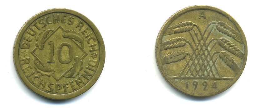 ГЕРМАНИЯ 10 РЕЙХСПФЕННИГОВ 1924 A KM 40, J. 317, Weege 9 алюминиевая бронза 46-1414