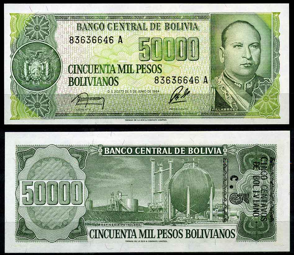 Боливия 5 сентаво 1987 надпечатка на 50000 боливиано, Гуальберто Вильярроэль Pick 196 бумага UNC (пресс) 7203-2-1-1