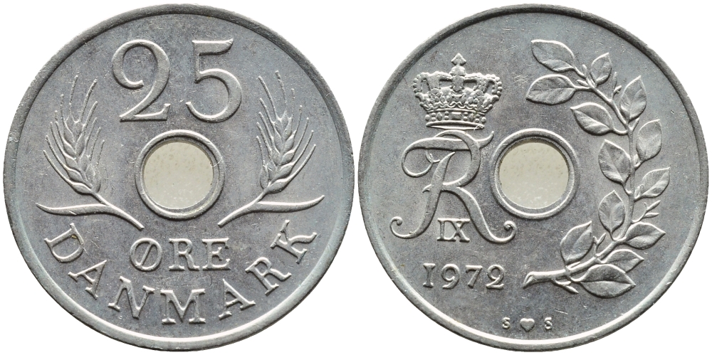 ДАНИЯ 25 ЭРЕ 1972 S; S, ФРЕДЕРИК IX (1947-1972) KM 855.2 медно-никель 4391-1237