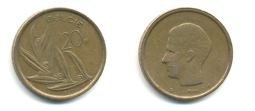 БЕЛЬГИЯ 20 ФРАНКОВ 1982 BELGIE KM 160 никель бронза 86-1414