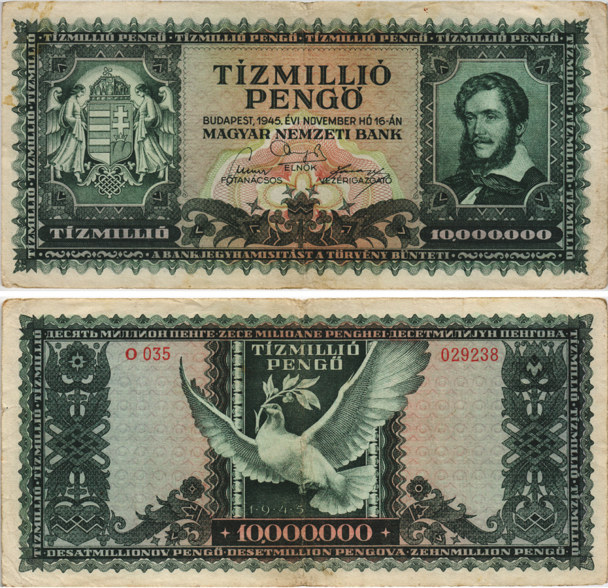 Венгрия 10000000 пенго 1945 Лайош Кошут, голубь Pick 123 бумага 8564-26-1-2