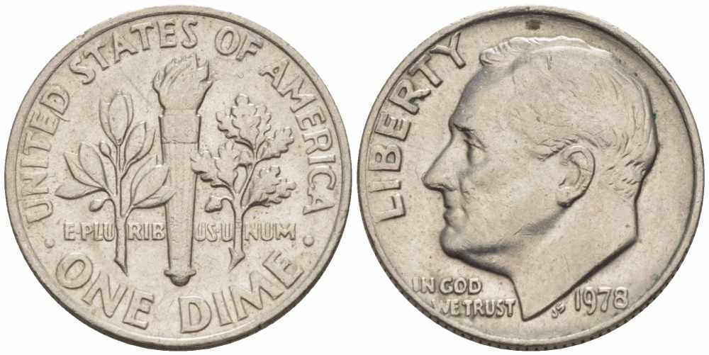 США 10 центов (дайм) 1978 Рузвельт KM 195а медь плакированная медно-никелем  105-661