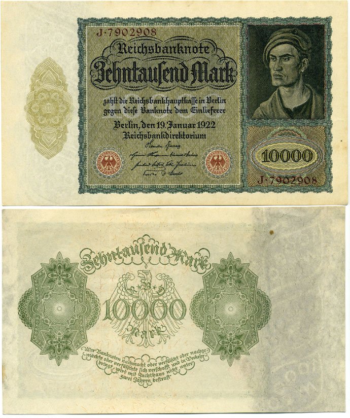 Германия 10000 марок 1922 19 января 1922, Альбрехт Дюрер, без 10000 справа Pick 71  бумага aUNC 2192-24-2