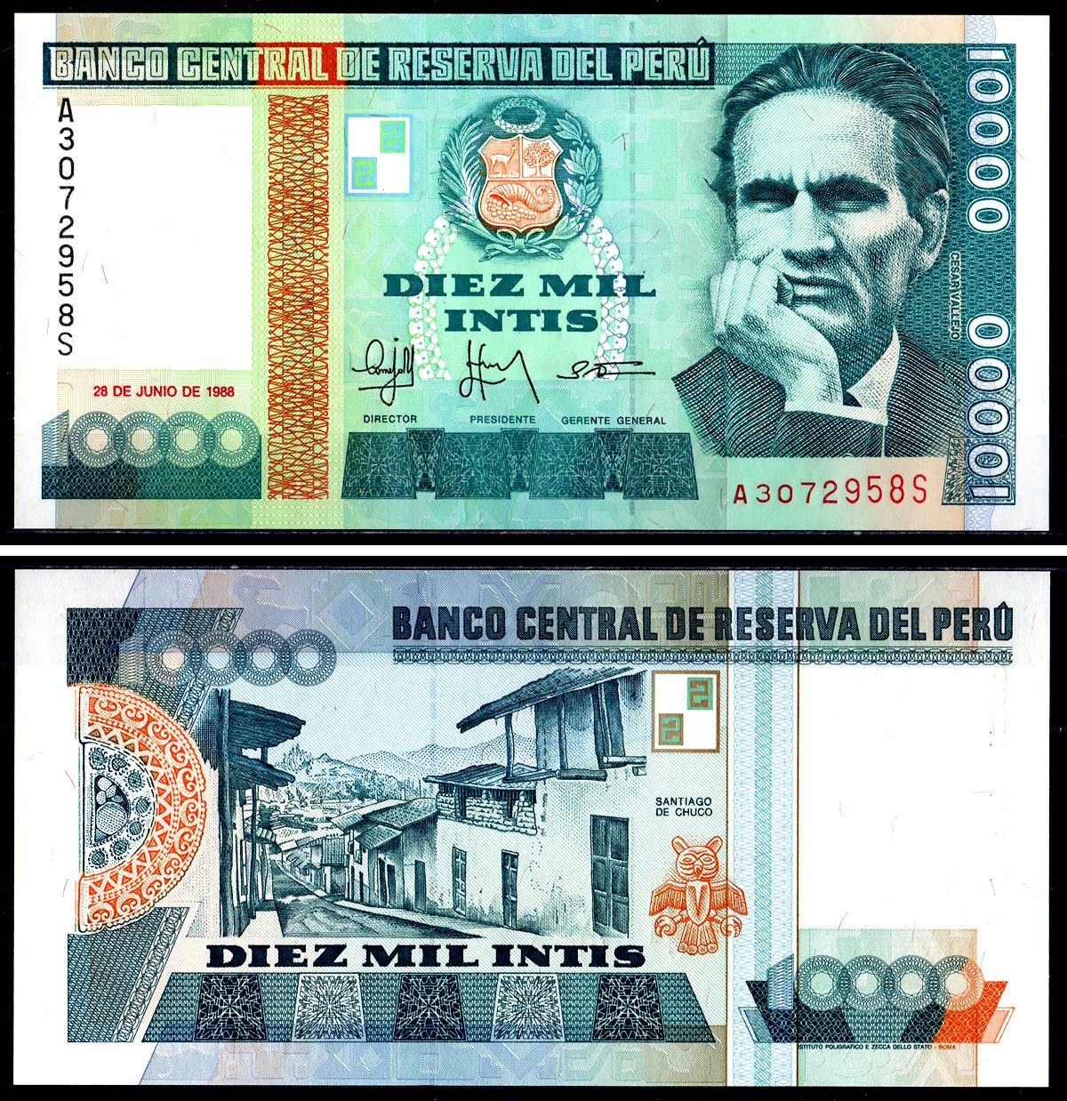 Перу 10 000 Интис 1988 Pick 140 бумага UNC 7551-23-4-1