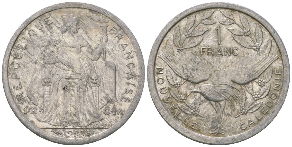 Французская Новая Каледония 1 франк 1999 птица кагу, (IEOM) KM 10, Schoen 10, Lec 52d алюминий 41-817