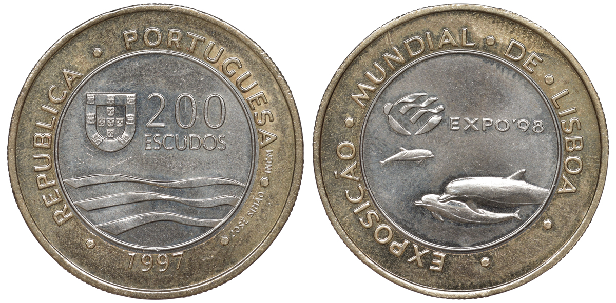 Португалия 200 эскудо 1997 EXPO-98, дельфины KM 694 биметалл 4536-912