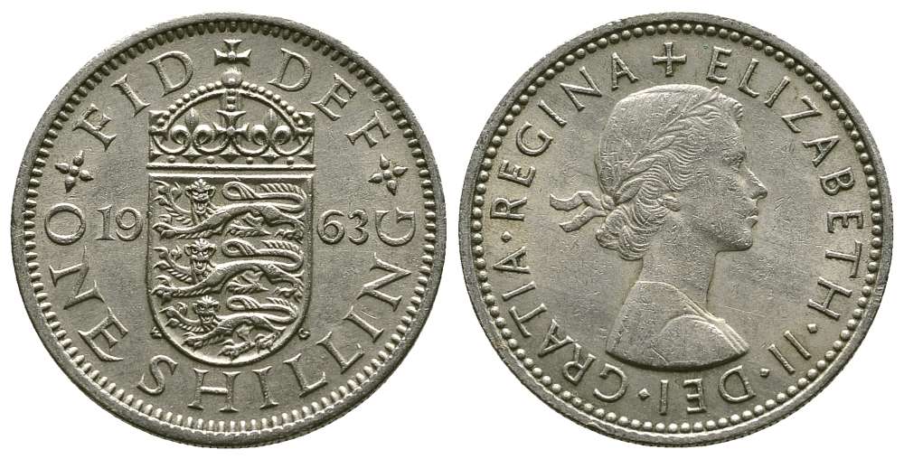 Великобритания 1 шиллинг 1963 Елизавета II (1952-2022), Английский герб KM 904, Spink 4147 медно-никель 4384-455