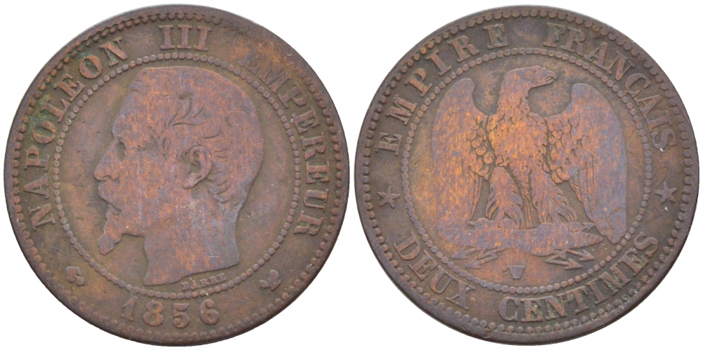 ФРАНЦИЯ 2 САНТИМА 1856 W KM 776.7 бронза 116-742