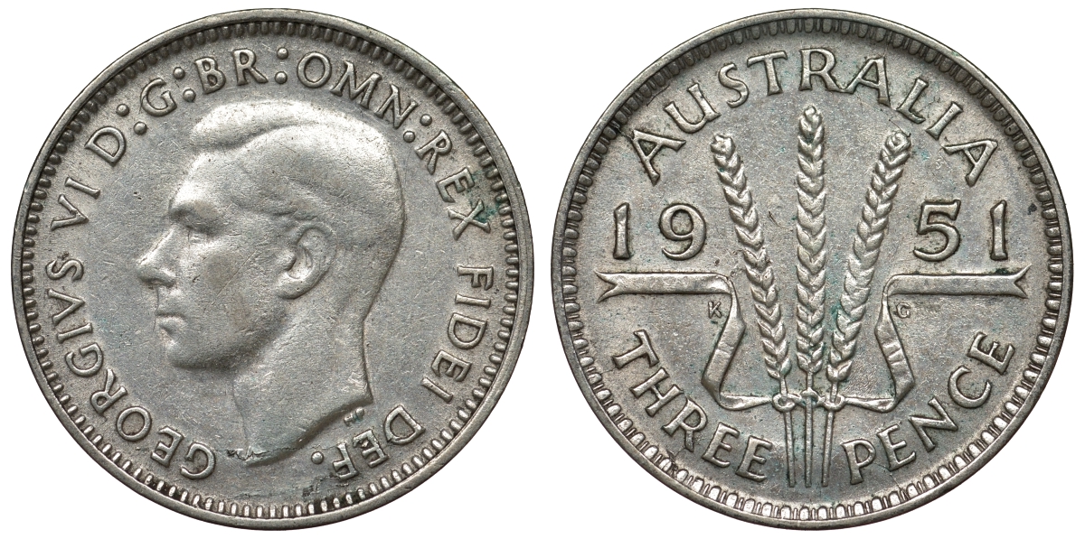 Австралия 3 пенса 1951 m, Георг VI (1937-1952), без букв KM 44 серебро 71-312