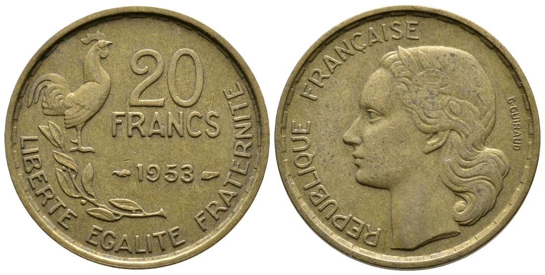 ФРАНЦИЯ 20 ФРАНКОВ 1953 ПЕТУХ KM 917.1 алюминиевая бронза 4364-3712