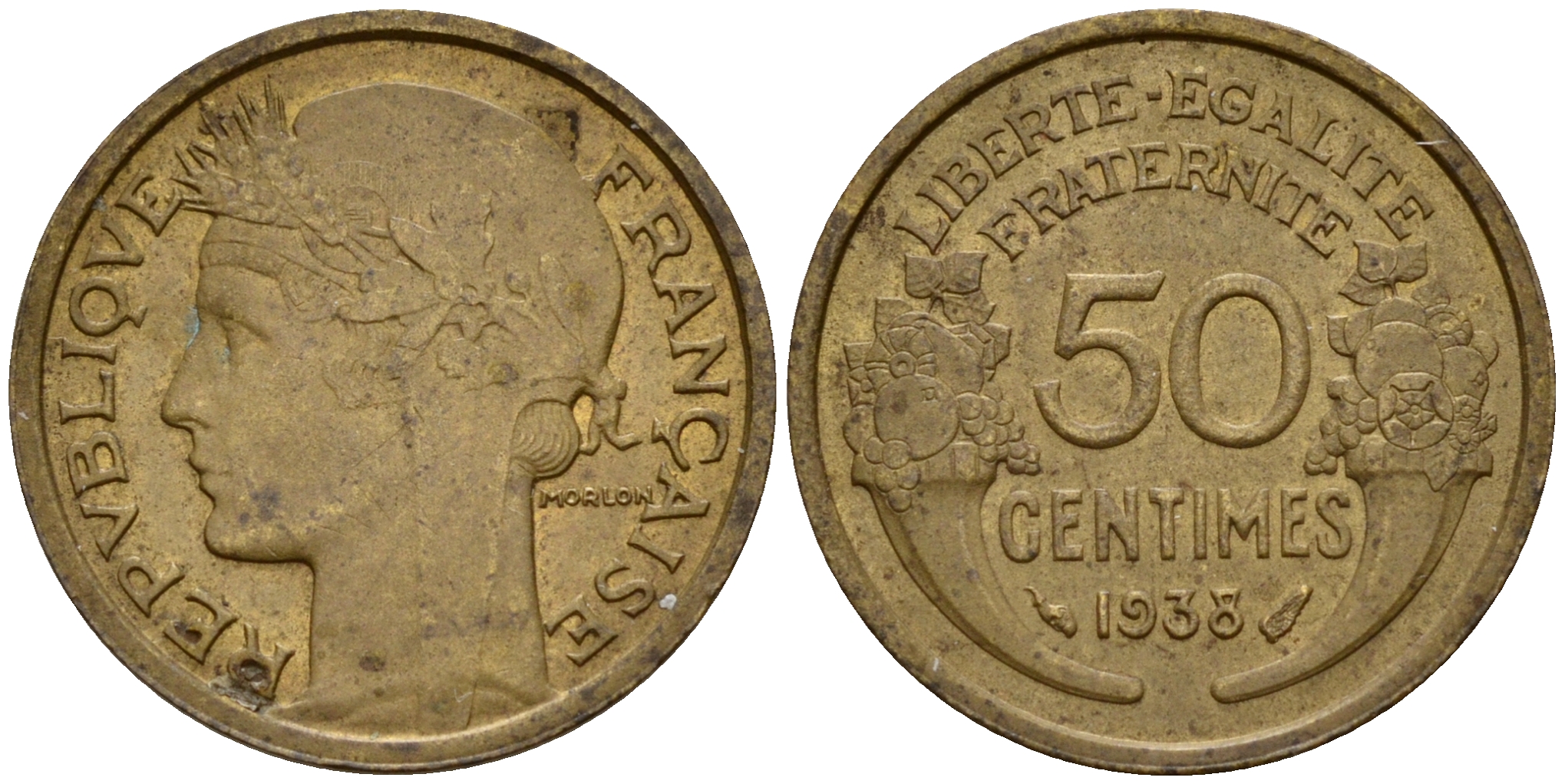 Франция 50 сантимов 1938  KM 894.1 алюминиевая бронза 4115-128