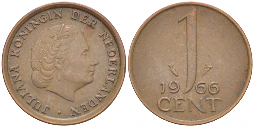 НИДЕРЛАНДЫ 1 ЦЕНТ 1966 ЮЛИАНА KM 180 бронза 3457-1217