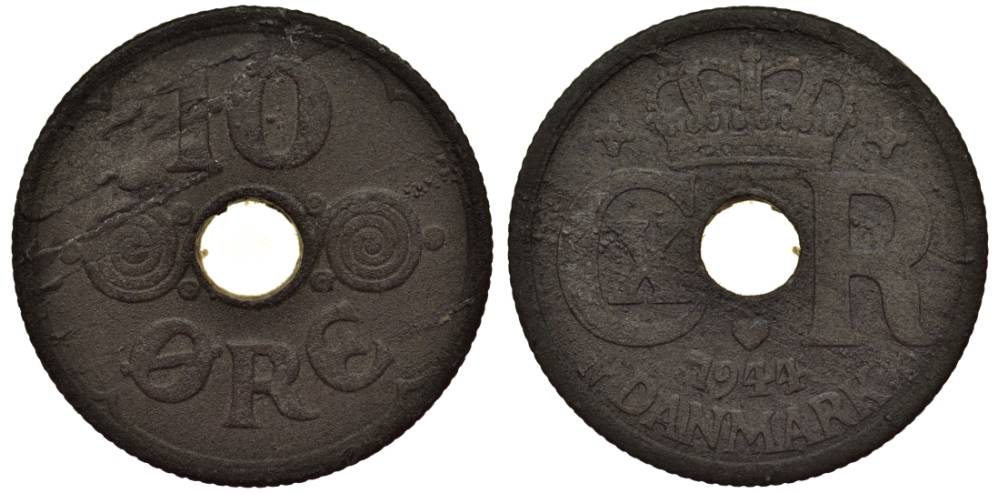 ДАНИЯ 10 ЭРЕ 1944 N; GJ, КРИСТИАН X (1912-1947) KM 822.2а цинк 4549-866