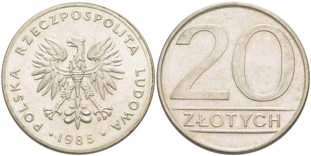 ПОЛЬША 20 ЗЛОТЫХ 1985 MW KM 153.1 медно-никель 213-841