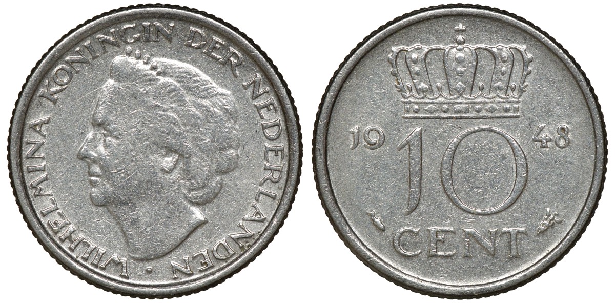 Нидерланды 10 центов 1948 Вильгельмина (1895-1948) KM 177 никель 72-1662