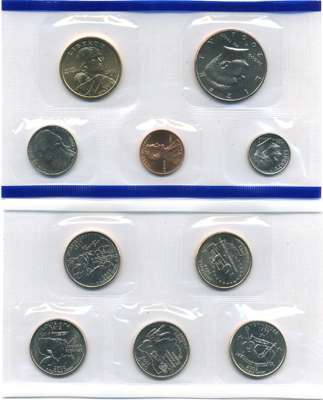 США два набора в одном 2002 два официальных набора в целлофановой запайке, буква Р, годовой набор и пять квотеров, штат Миссисипи, Луизиана, Огайо, Теннеси, Индиана, в конверте с сертификатом, Филадельфия  медь плакированная медно-никелем  UNC  7-5-6-28