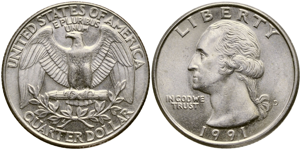 США 25 ЦЕНТОВ = КВОТЕР 1991 D, ВАШИНГТОН KM А164а медь плакированная медно-никелем 4388-232