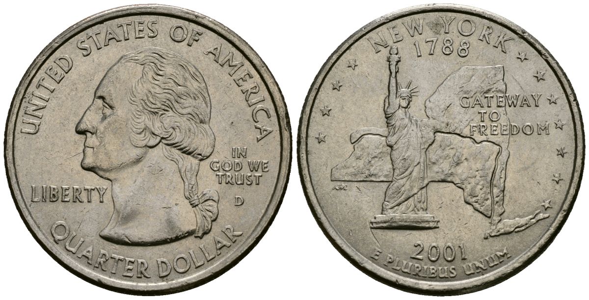 США 25 центов = квотер 2001 D, серия штаты США, Нью-Йорк KM 318 медь плакированный медно-никелем 4138-1013