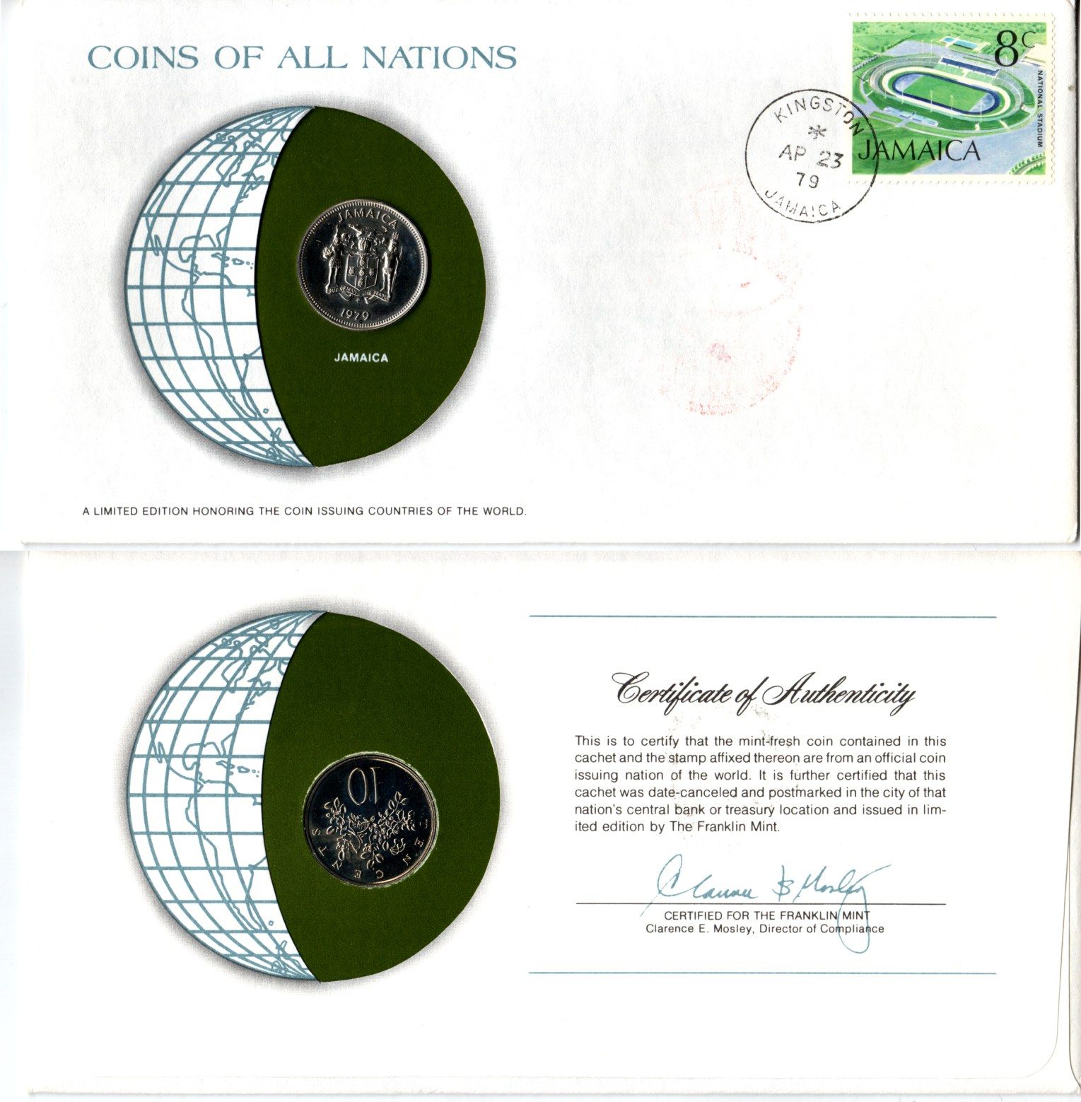 Ямайка 10 центов 1979 конверт с маркой первого дня гашения, Coins of Nations KM 54 медно-никель BU 4295-23-3