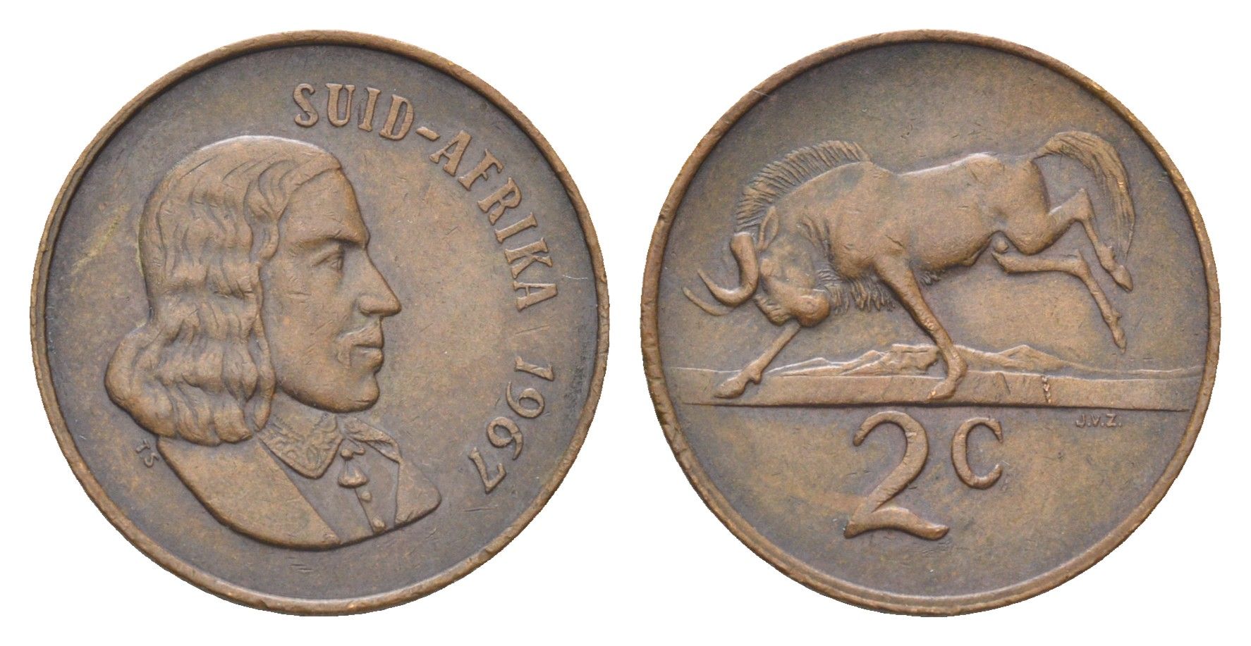 ЮАР 2 цента 1967 Ян ван Рибек (1619-1677), Suid Africa, легенда на африкаанс, антилопа гну KM 66.2 бронза 4702-839