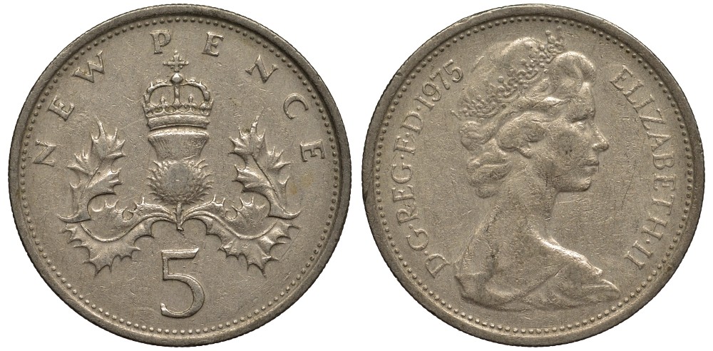 Великобритания 5 пенсов 1975 Елизавета II (1952-2022) KM 911, Spink 4233 (D1) медно-никель 186-844