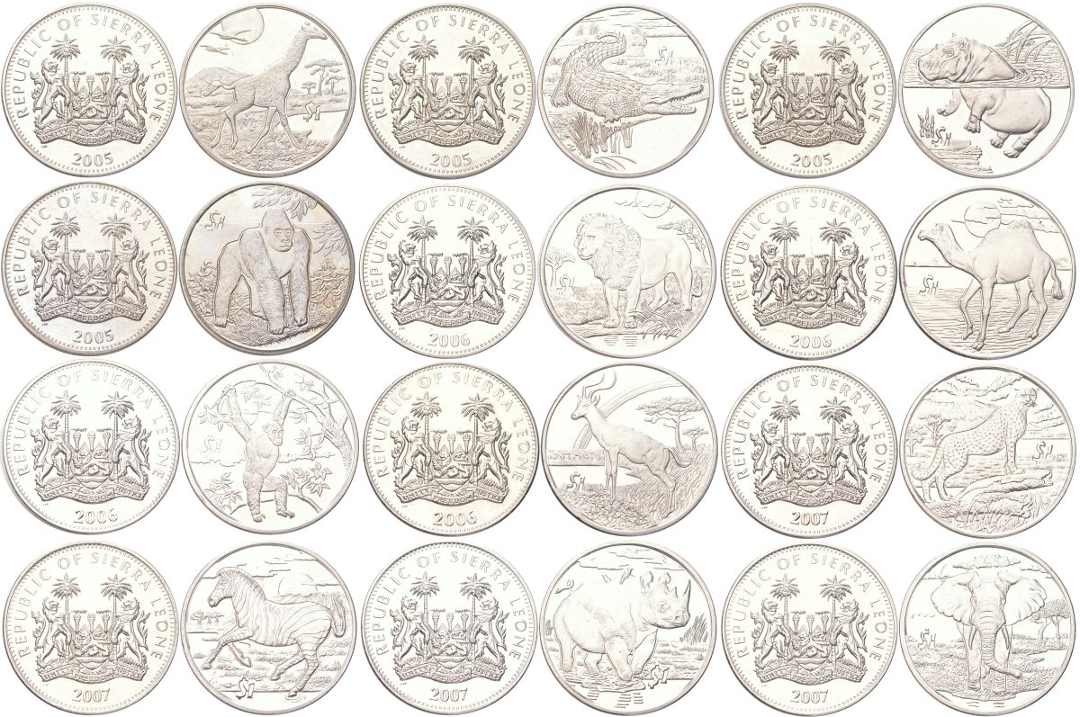 Сьерра-Леоне полный набор из 12 монет (1 доллар) 2005-2007 полная серия животные KM 304, 305, 306, 311, 312, 313, 314, 321, 326, 327, 328 и 329 медно-никель BU 00-00