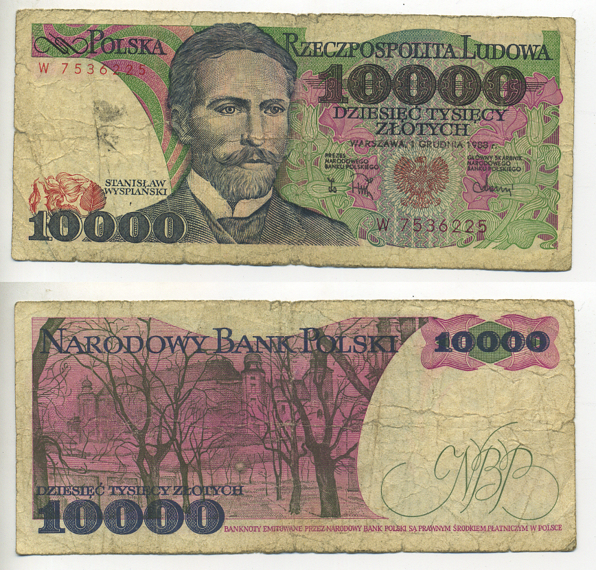 ПОЛЬША 10000 ЗЛОТЫХ 1988 1 ДЕКАБРЯ 1988, СТАНИСЛАВ ВЫСПЯНЬСКИЙ Pick 151b бумага 7553-19-1