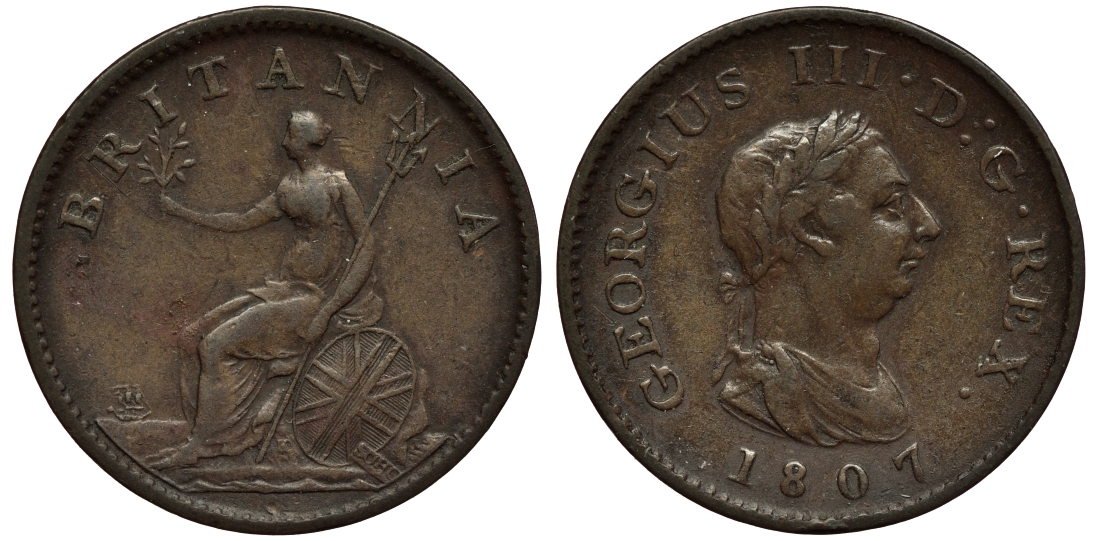 Великобритания 1 фартинг 1807 Георг III (1760-1820) KM 661, Spink 3782 медь 00-00