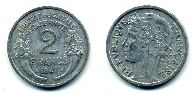 Франция 2 франка 1947 KM 886a.1 алюминий 35-631