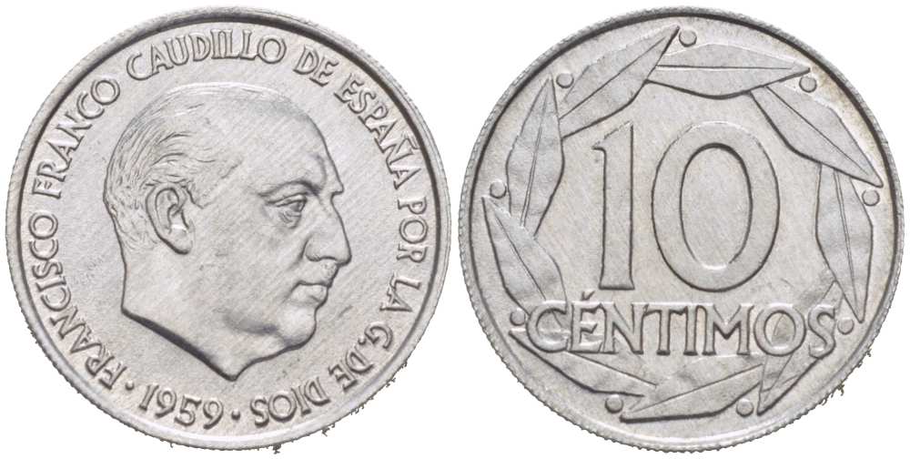Испания 10 сентимо 1959 Франсиско Франко (1939-1975) KM 790 алюминий 218-1062