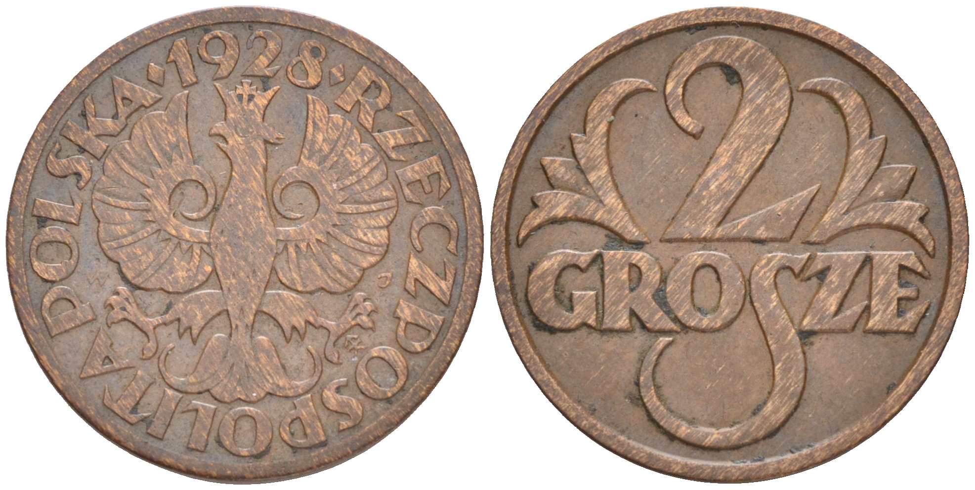 ПОЛЬША 2 ГРОША 1928 w KM 9а бронза 4516-854