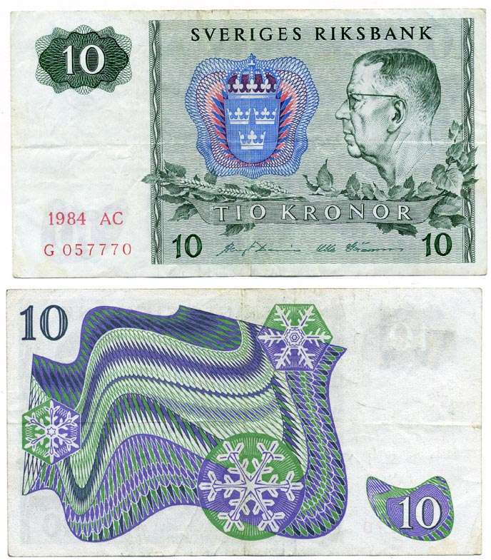 ШВЕЦИЯ 10 КРОН 1984 СЕРИЯ FB, ГУСТАВ VI АДОЛЬФ Pick 52e бумага 8612-30-2-2