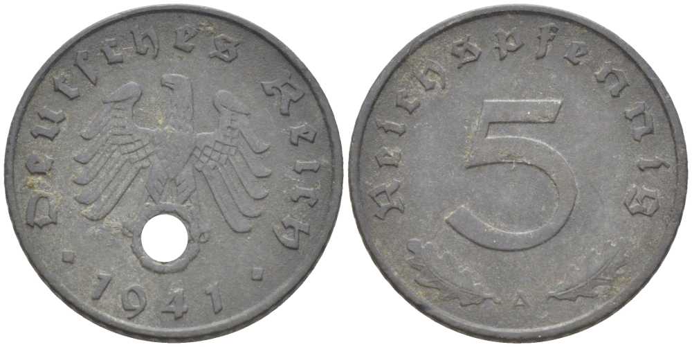 ГЕРМАНИЯ 5 РЕЙХСПФЕННИГОВ 1941 A KM 100, J. 370 цинк 211-538