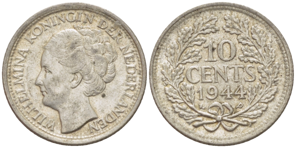 Нидерланды 10 центов 1944 Вильгельмина (1890-1948) KM 163 серебро aUNC 66-1241