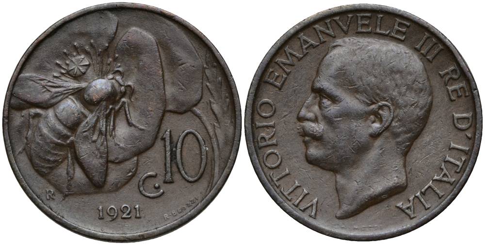ИТАЛИЯ 10 ЧЕНТЕЗИМО 1921 R, ВИКТОР ЭММАНУИЛ III (1900-1946), ПЧЕЛА KM 60 бронза 27-1252