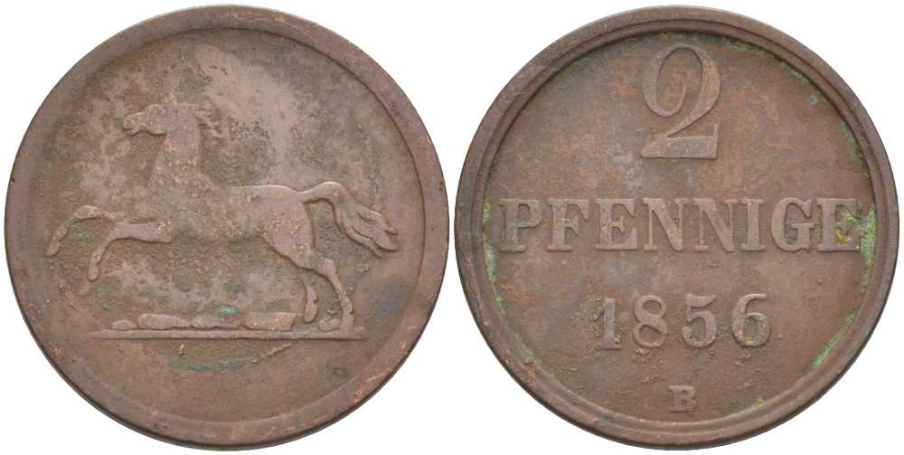 БРАУНШВЕЙГ-ВОЛЬФЕНБЮТТЕЛЬ 2 ПФЕННИГА 1856 В, ВИЛЬГЕЛЬМ (1831-1884) KM 1143 медь 210-155