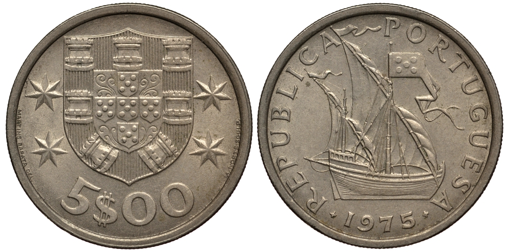 ПОРТУГАЛИЯ 5 ЭСКУДО 1977 ПАРУСНИК KM 591 медно-никель VF 4182-556