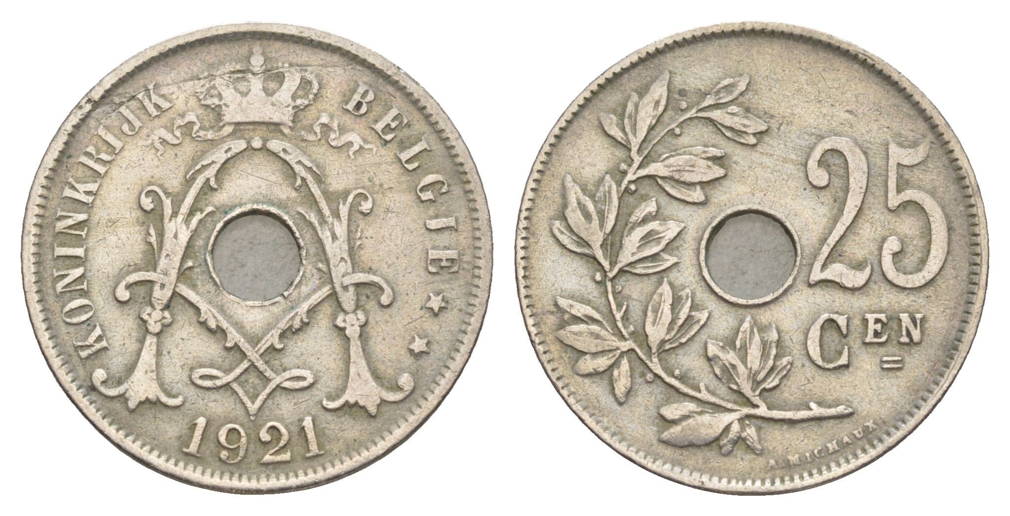 Бельгия 25 сантимов 1921 Belgie, Альберт I (1909-1934) KM 69 медно-никель 4538-642