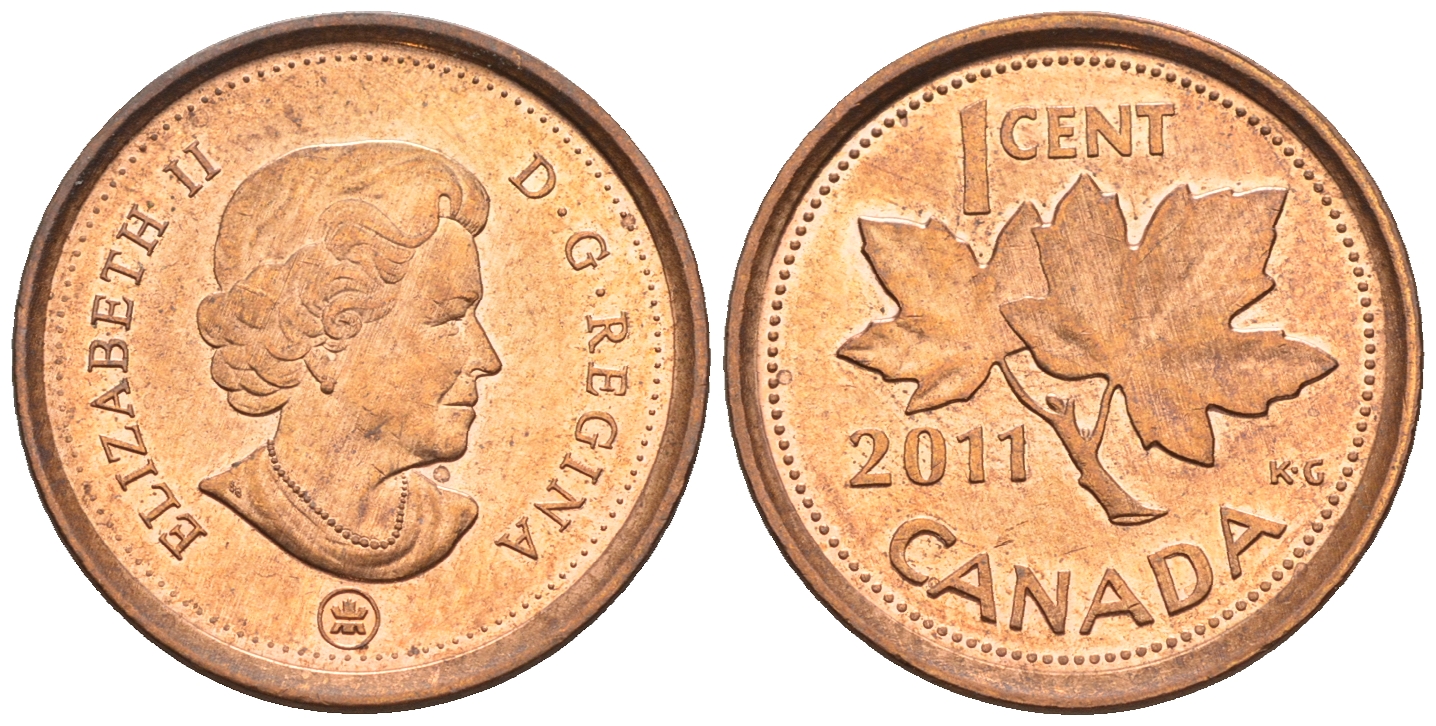 Канада 1 цент 2011 Елизавета II (1952-2022), кленовый лист KM 490 цинк плакированный медью 4609-427
