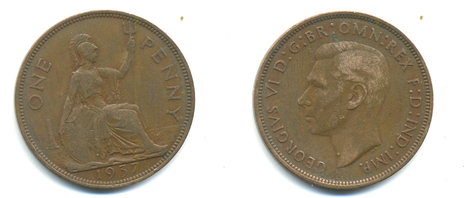 Великобритания 1 пенни 1937 Георг VI (1936-1952) KM 845, Spink 4114 бронза 89-121