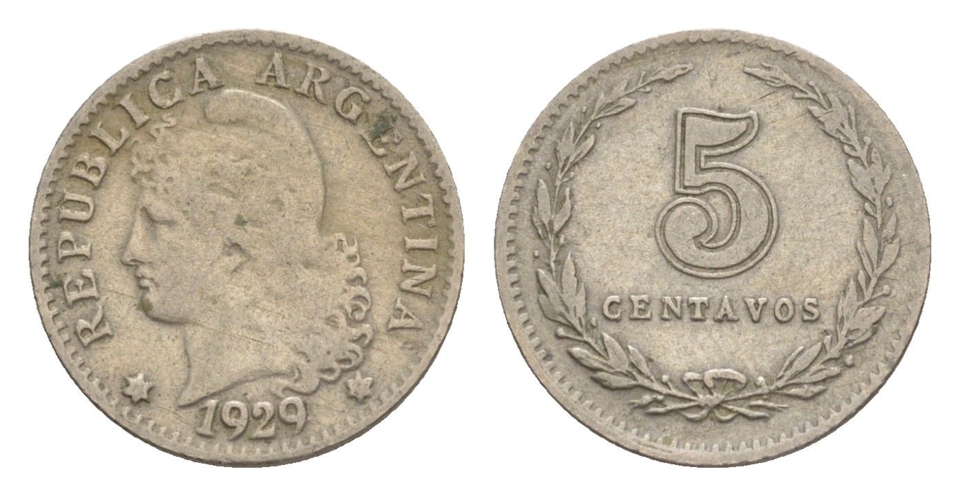 Аргентина 5 сентаво 1929 KM 34 медно-никель 4636-266