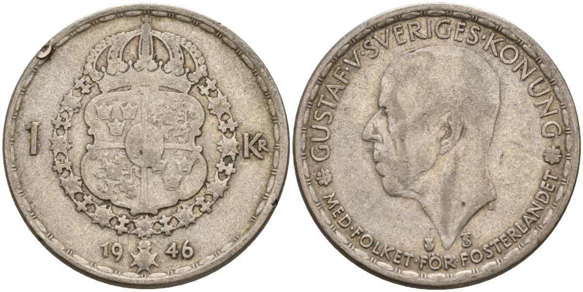 Швеция 1 крона 1946 TS, Густав V (1907-1950) KM 814 серебро 4148-1026