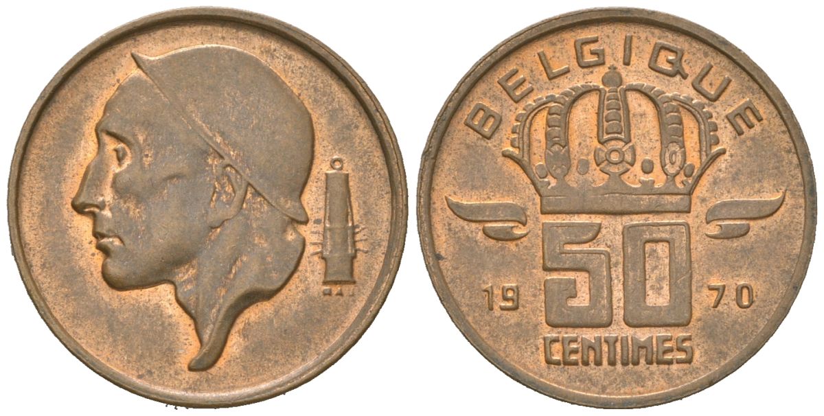 Бельгия 50 сантимов 1970 Belgique, Бодуэн I (1951-1993) KM 148 бронза UNC 4617-1131