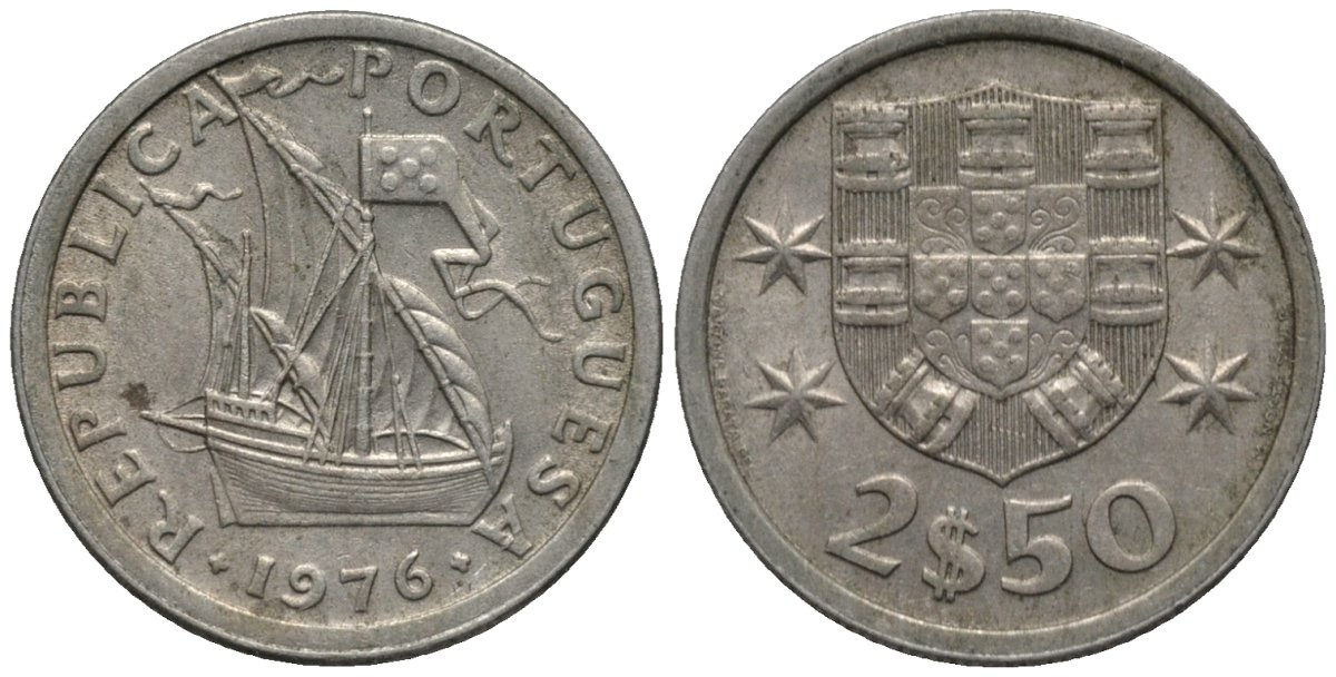 Португалия 2,5 эскудо 1976 парусник KM 590 медно-никель 4576-1268