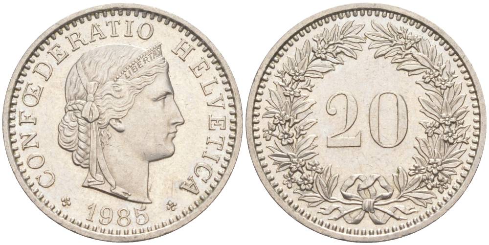 Швейцария 20 раппенов 1985 KM 29a медно-никель 55-1022