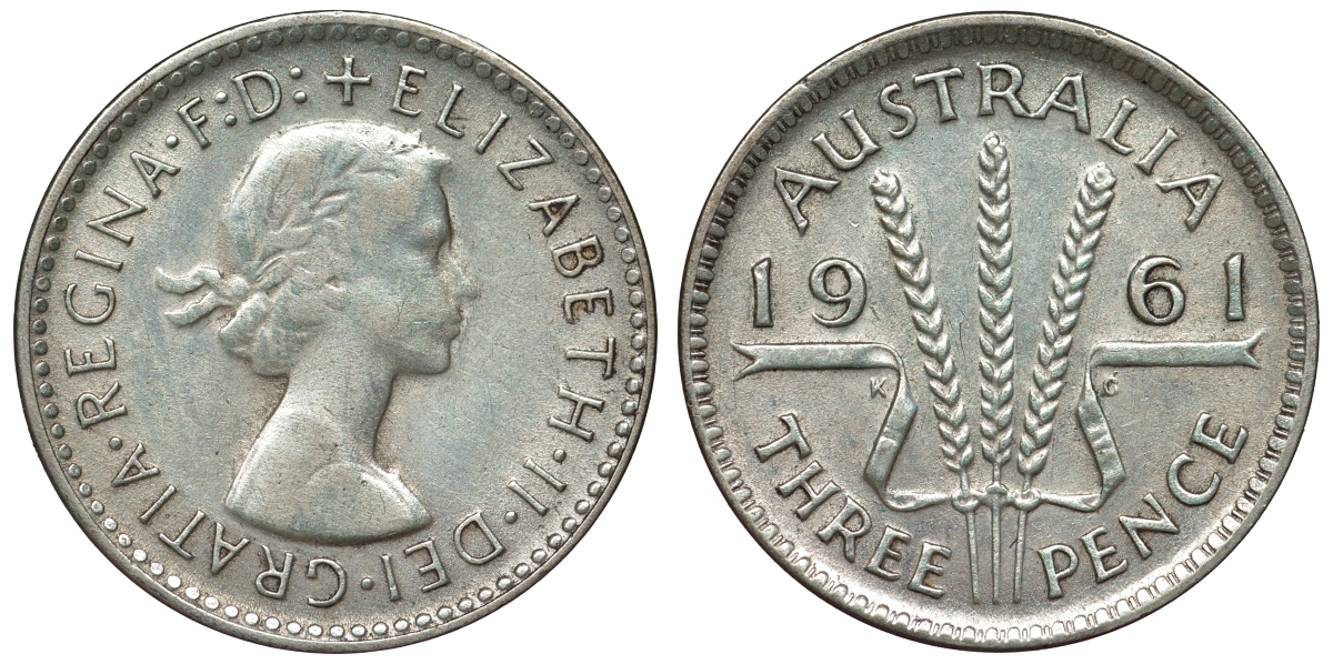 Австралия 3 пенса 1961 m, Елизавета II (1952-2022) KM 57 серебро 71-729