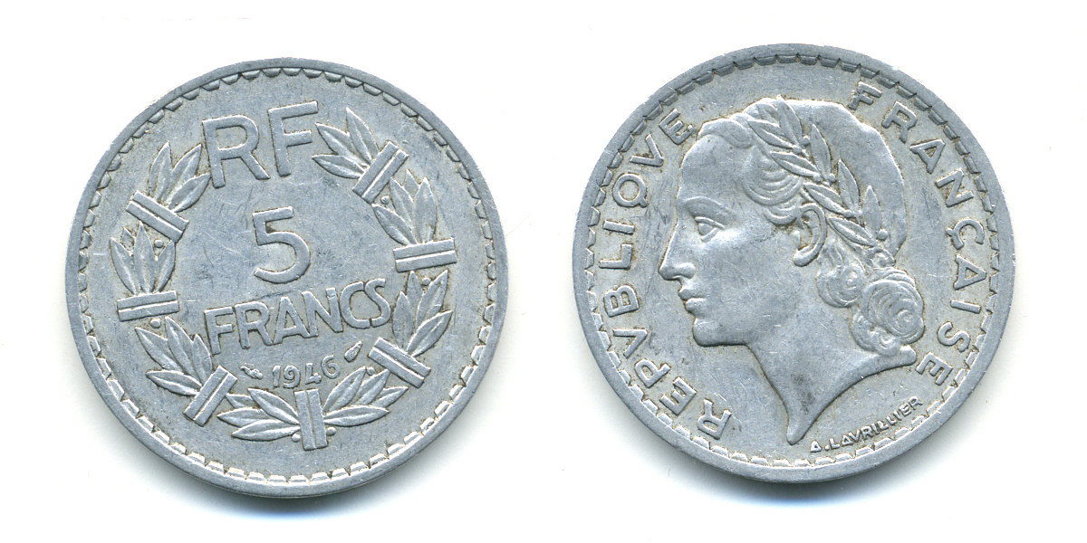 ФРАНЦИЯ 5 ФРАНКОВ 1946 KM 888b.1 алюминий 4379-123