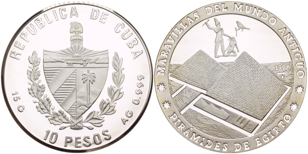 Куба 10 песо 1997 серия семь чудес света, пирамиды Гизы KM 597 серебро  PROOF 02-116-11